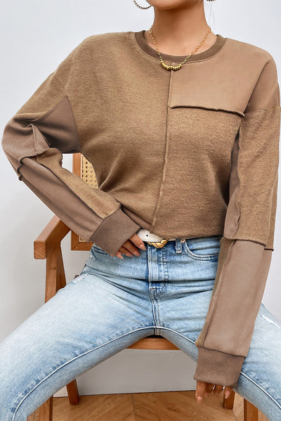 Coffee Solid Exposed Seam Pullover Sweatshirt-Tops-MomFashion