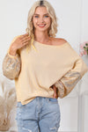 Apricot Sequin Patchwork Sleeve Open Back Waffle Knit Top-Tops-MomFashion