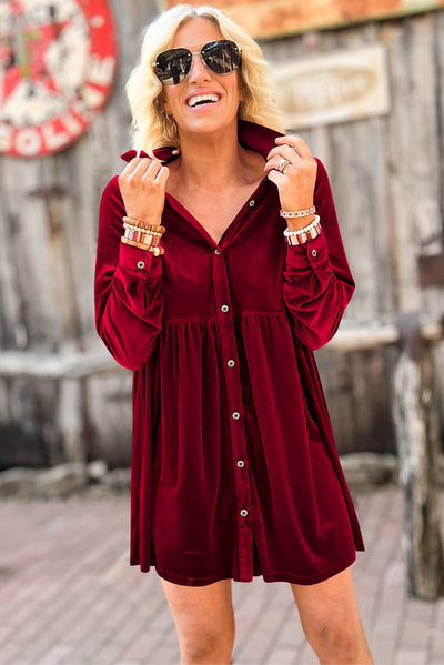 Fiery Red Long Sleeve Ruffle Velvet Button Up Dress-Dresses-MomFashion