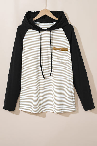 Black Striped Raglan Sleeve Buttoned Pocket Plus Size Hoodie-Plus Size-MomFashion