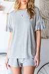 Gray Ribbed Knit Ruffle Trim Casual Short Set-Loungewear-MomFashion