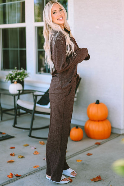 Brown Ribbed Knit Collared Henley Top and Pants Lounge Outfit-Loungewear-MomFashion