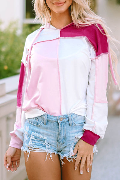 Pink Colorblock Exposed Seam Loose Sleeve Hoodie-Tops-MomFashion