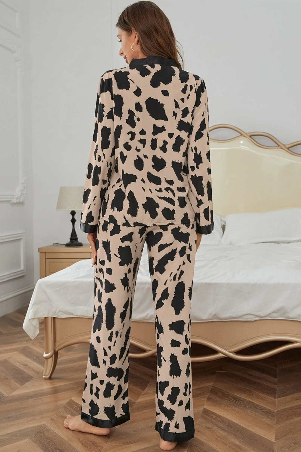 Khaki Cheetah Contrast Trim Loose Fit Two Piece Sleepwear-Loungewear & Sleepwear/Sleepwear-MomFashion