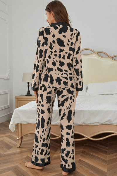 Khaki Cheetah Contrast Trim Loose Fit Two Piece Sleepwear-Loungewear & Sleepwear/Sleepwear-MomFashion