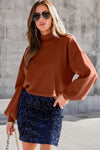 Brown Turtleneck Drop Shoulder Bubble Sleeve Knit Sweater-Tops-MomFashion