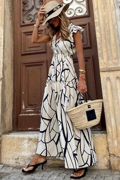 White Abstract Vein Print V Neck Ruffle Maxi Dress-Dresses-MomFashion