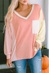 Striped Color Block Splicing Long Sleeve T Shirt-Tops-MomFashion