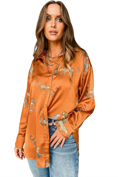 Russet Orange Cheetah Animal Print Button Up Satin Shirt-Tops-MomFashion