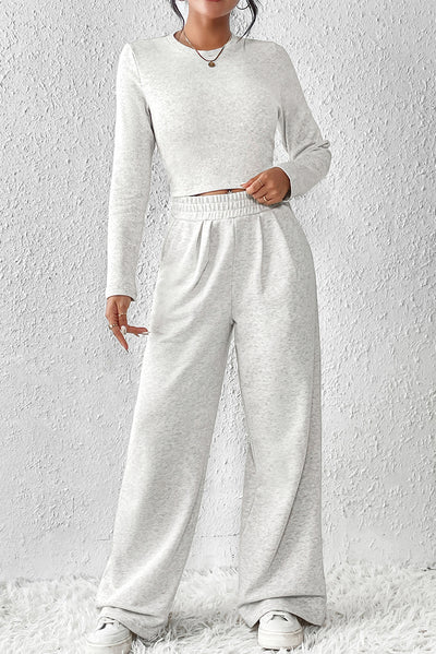 Beige Crop Top and Wide Leg Pants Two Piece Set-Loungewear-MomFashion