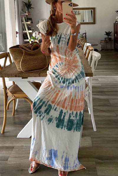 White Cap Sleeve Tie Dye Long Slit Dress-Dresses-MomFashion