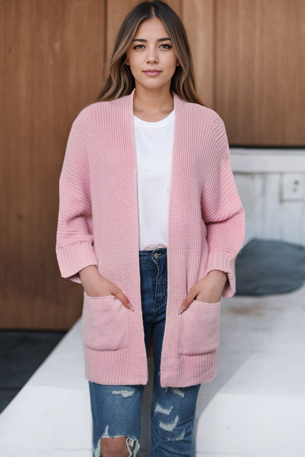 Pink Oversized Fold Over Sleeve Sweater Cardigan-Tops-MomFashion