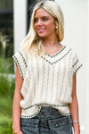 White Contrast Trim V Neck Cable Knit Sweater Vest-Tops-MomFashion