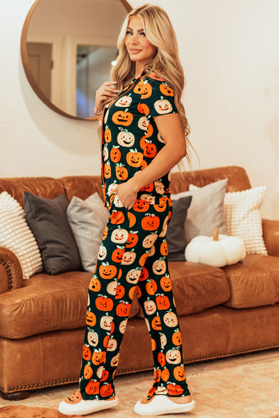 Orange Halloween Pattern Short Sleeve Shirt Pajama Set-Loungewear & Sleepwear/Sleepwear-MomFashion