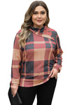 Mineral Red Plus Size Plaid Print Button Decor Asymmetric Neck Top-Plus Size-MomFashion