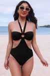 Black Halter O-ring Ruched Bust One Piece Swimsuit-Swimwear-MomFashion