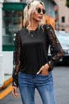 Black Crochet Sleeve Crew Neck Blouse-Tops-MomFashion