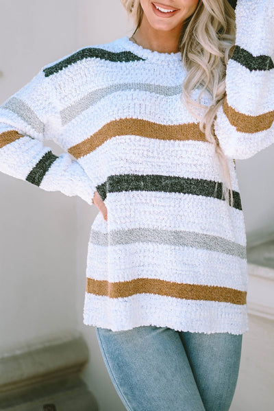 Striped Popcorn Knit Sweater-Tops-MomFashion