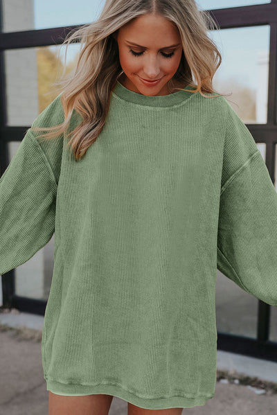 Green Ribbed Corded Oversized Sweatshirt-Tops-MomFashion