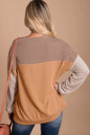 Khaki Color Block Long Sleeve Ribbed Loose Top-Tops-MomFashion