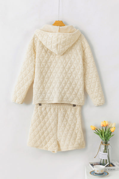 Beige Quilted V Neck Hoodie Drawstring Shorts Set-Loungewear-MomFashion