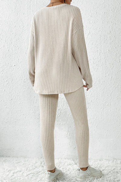 Apricot Ribbed Knit Loose Long Sleeve Top Skinny Pants Set-Loungewear-MomFashion