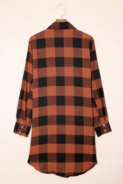 Brown Turn-down Collar Plaid Shirt Coat-Outerwear-MomFashion