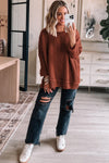 Gold Flame Solid Color Textured Crew Neck Loose Sweater-Tops-MomFashion