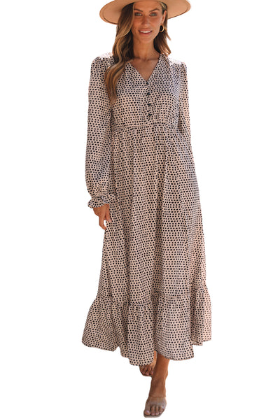 Smoke Gray Dotty Print Button V Neck Long Sleeve Ruffled Dress-Dresses-MomFashion