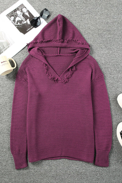 V Neck Ribbed Drop Shoulder Hooded Sweater-Tops-MomFashion