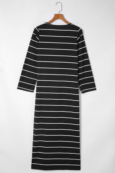 Black Striped Casual Slit Long Dress-Dresses-MomFashion