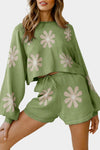 Green Flower Print Bubble Sleeve Knitted Sweater and Shorts Set-Loungewear-MomFashion