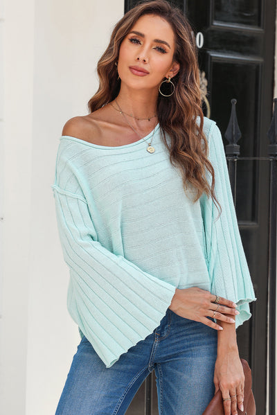 Green Exposed Seam Ribbed Knit Dolman Top-Tops-MomFashion