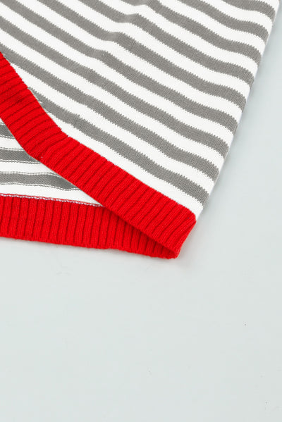 Gray Contrast Trimmed Striped Drop Shoulder Sweater-Tops-MomFashion