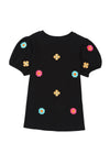 Black Embroidered Flower Short Puff Sleeve Tee-Tops-MomFashion