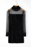 Black Dotted Mesh Striped Frilled Neck Bubble Sleeve Dress-Dresses-MomFashion