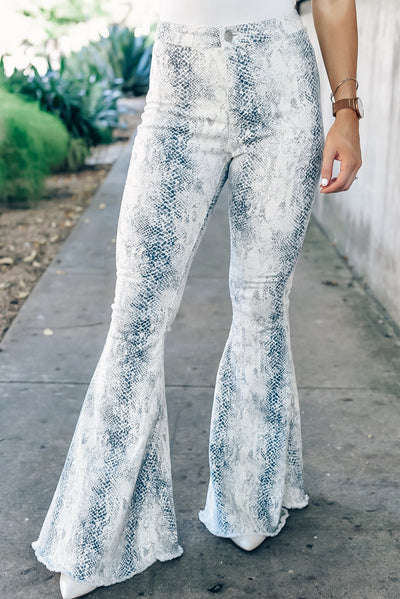 White Western Fashion High Waist Snakeskin Print Flare Pants-Bottoms-MomFashion