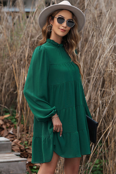 Green Puff Sleeve Mock Neck Back Knot Tiered Dress-Dresses-MomFashion