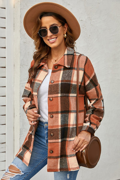 Orange Plaid Print Buttoned Shirt Jacket-Outerwear-MomFashion