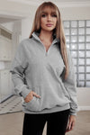 Gray Zipped Funnel Neck Kangaroo Pocket Sweatshirt-Tops-MomFashion