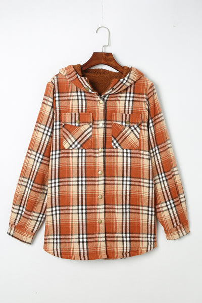 Orange Plaid Pattern Sherpa Lined Hooded Shacket-Outerwear-MomFashion