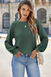 Green Lace Long Sleeve Textured Pullover-Tops-MomFashion