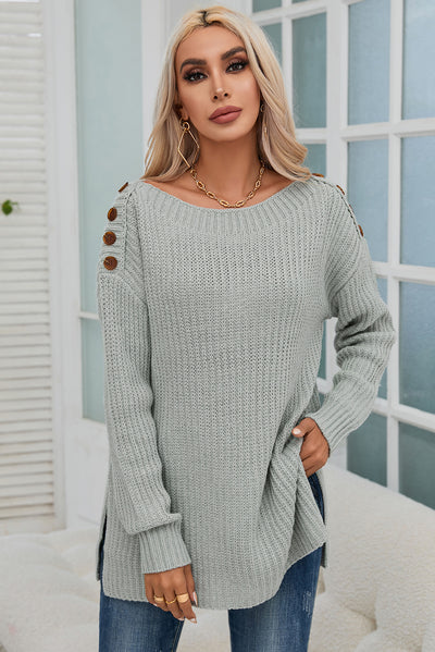 Gray Buttoned Drop Shoulder Oversized Sweater-Tops-MomFashion