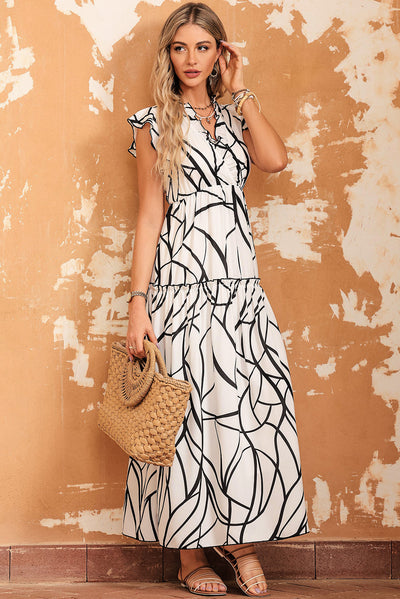 White Abstract Vein Print V Neck Ruffle Maxi Dress-Dresses-MomFashion