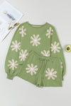 Green Flower Print Bubble Sleeve Knitted Sweater and Shorts Set-Loungewear-MomFashion