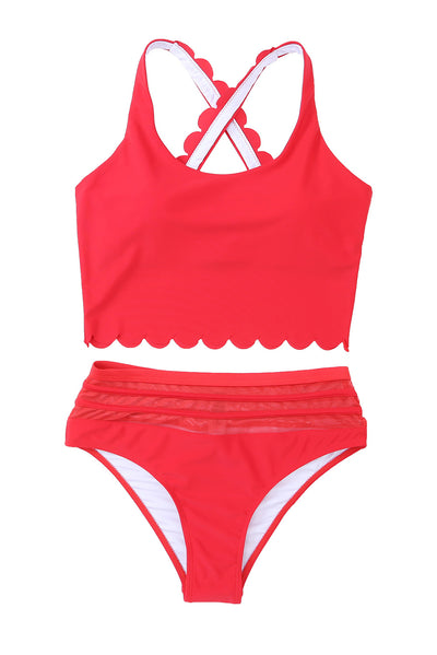 Red Scalloped Criss Cross High Waist Bikini-Swimwear-MomFashion