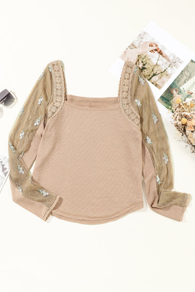 Light French Beige Floral Gauze Sleeve Patchwork Ribbed Knit Top-Tops-MomFashion