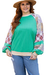 Sky Blue Plus Size Plaid Floral Patchwork Raglan Sleeve Sweatshirt-Plus Size/Plus Size Sweatshirts & Hoodies-MomFashion