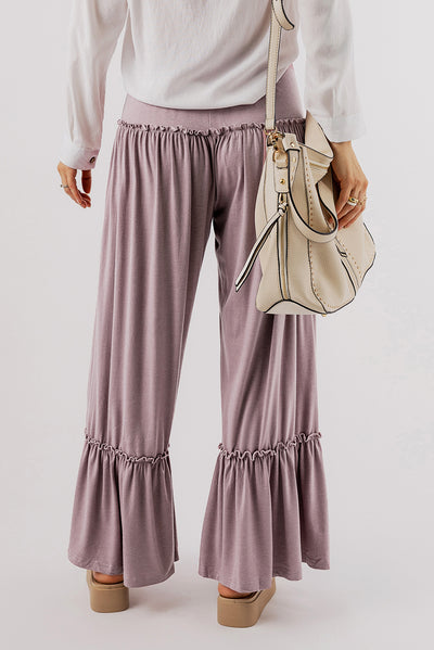 Khaki Frilled Drawstring High Waist Wide Leg Pants-Bottoms-MomFashion