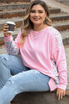 Pink Exposed Seam Leopard Splicing Plus Size Sweatshirt-Plus Size-MomFashion